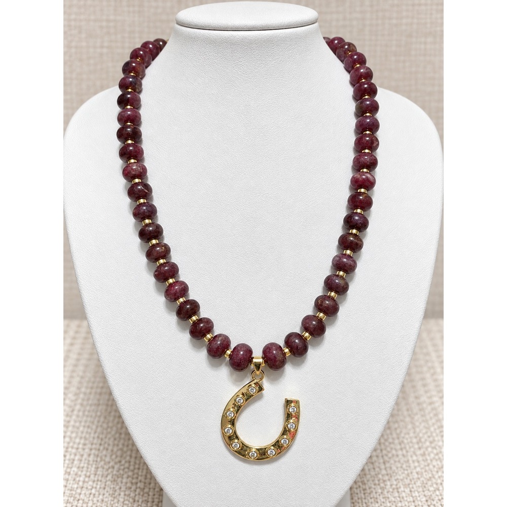 Burgundy Jade Horseshoe Necklace Gold CZ Chunky Beaded Western Jewelry